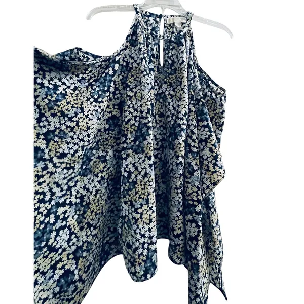 Michael Kors‎ Floral Cold Shoulder Chain Halter Neck Blouse Navy Blue Cream L - Image 3