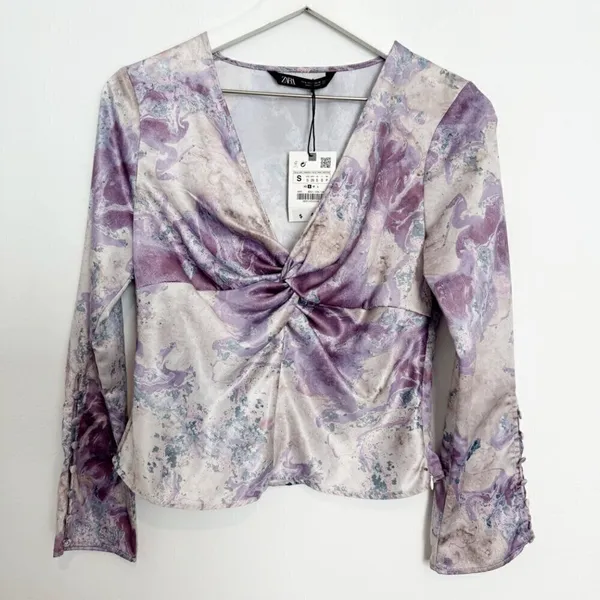 Zara Marble Print Blouse Small Flare Sleeve Twist V Neck Night Out Office Siren‎ - Image 2