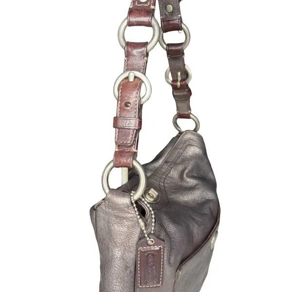 Vintage Coach Metallic Leather Hobo Bag Silver Chain Strap Turn Lock‎ Y2K Purse - Image 6