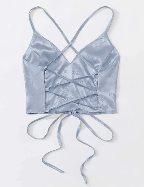 Romwe Satin Lace up Crop Top - Image 2