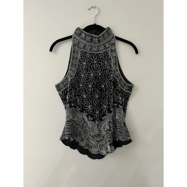 Vintage Adrianna Papell Boutique Evening Floral Silk Beaded Halter Top m Black - Image 9
