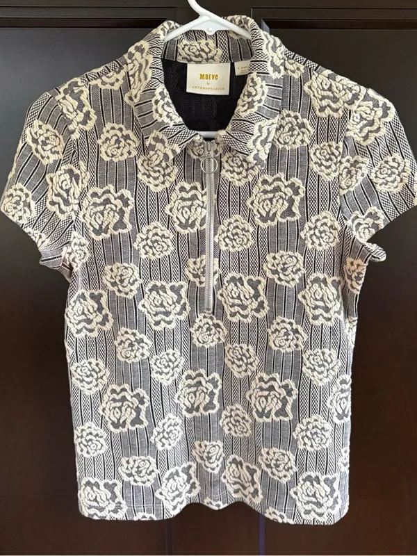 Anthropologie Maeve Floral Jacquard Zip Neck Polo Top Black Cream Size XS - Image 5