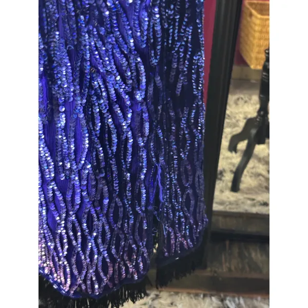 Vintage Blue Sequin‎ Cocktail dress V-Neck Keyhole Back Fringe Hem Sleeveless - Image 6