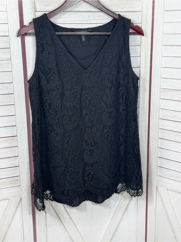 WHBM‎ Lace Front Pleated Chiffon Back Sleeveless Tank Top Black XS Coquette Goth - Image 7