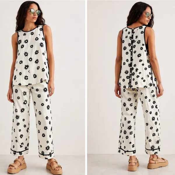 NEW Free People Groovy Daisy Black Floral Cotton Linen 2 Piece Casual Set Size 0 - Image 2