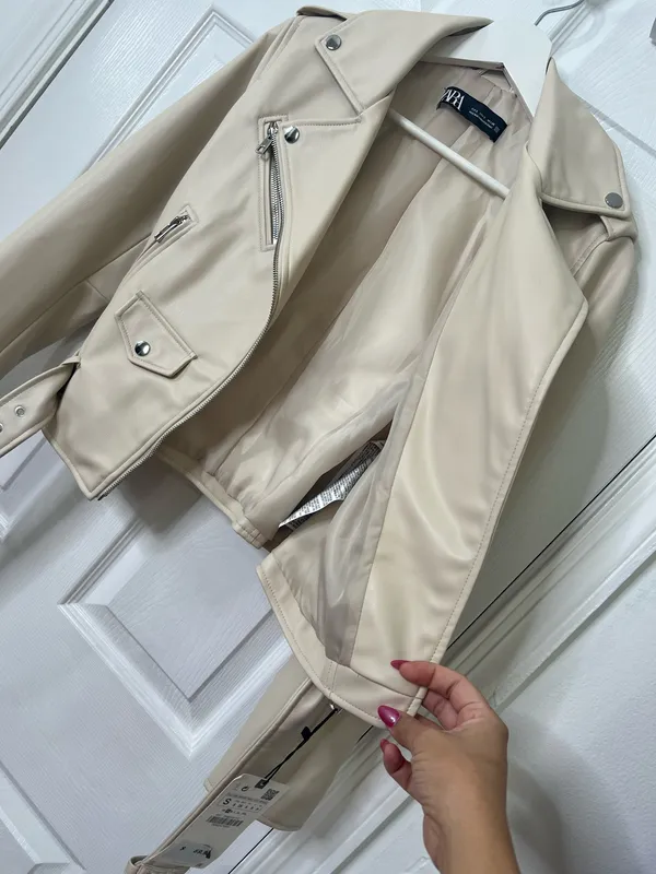 Zara Faux Leather Moto Jacket Biker Belted Streetwear Cream Ivory Size S - Image 7