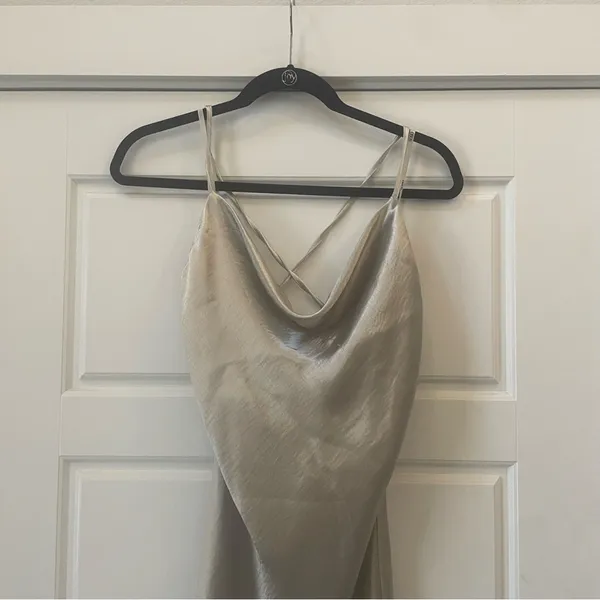 ASOS DESIGN Cami Maxi Satin Slip Dress with Lace‎ Up Back Size 6 in Silver NWT - Image 2