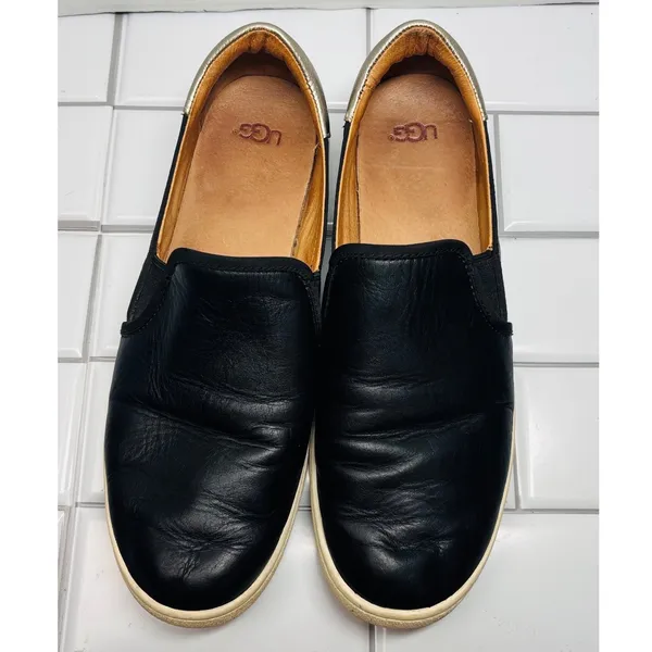UGG Cas Slip-On Sneakers Womens 11 Black Leather Good Metallic Heel Slip On Shoe - Image 3