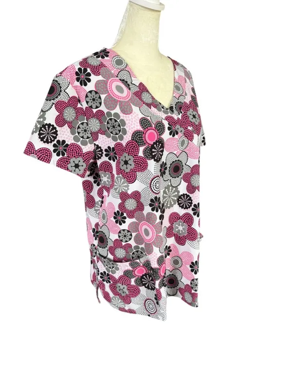 Women's pink, white, gray, black floral short sleeve v-neck scrub top size L - Image 2
