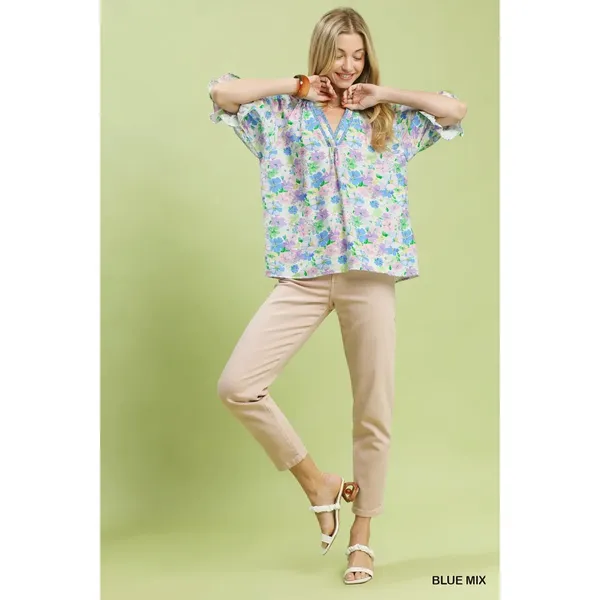 Umgee Mix Floral Print Ruffle Top - Blue mix -‎ Small - Image 6