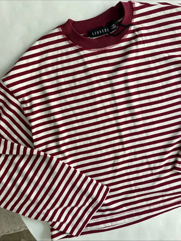 LIONESS Bloom Long Sleeve Top in Wine Stripe Red White XXS (Oversized) $69 - Image 4