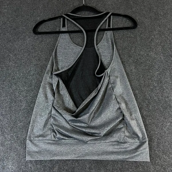 Alo Yoga Womens Gray Heathered Open Draped Mesh Back Racerback Tank‎ Top - Image 2