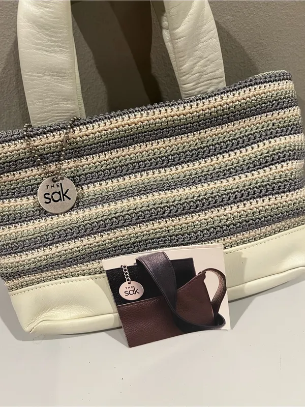 The Sak White Gray Seafoam Striped Crochet Tote Bag Leather Trim Mini Tote Purse - Image 7