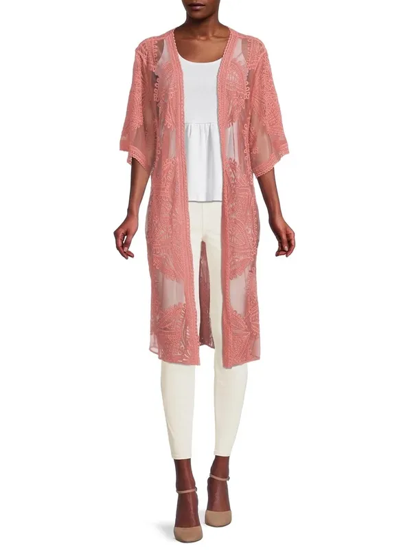 Time and Tru Dusty Rose Lace Kimono Cardigan Cover Up S/M Sheer Boho - Image 3