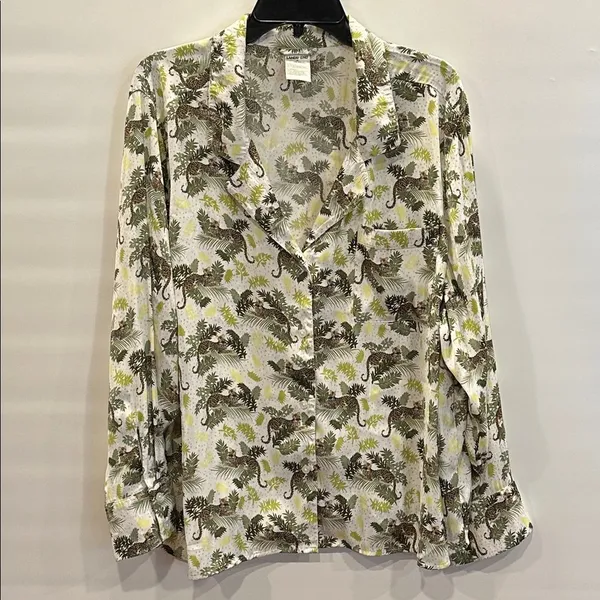 Lands End Matte Satin Pajama Set 2pc White Leopard 3X Long Sleeve Top Shorts - Image 2