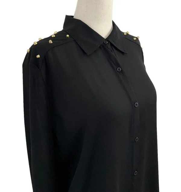 Forever 21 Women Size Medium Button Up Shirt Studded Lightweight Black #14-85E - Image 2