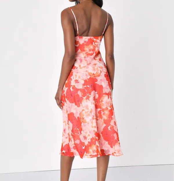 Lulus Pink Floral Swiss Dot Cowl Neck Midi Dress Size Small - Image 3