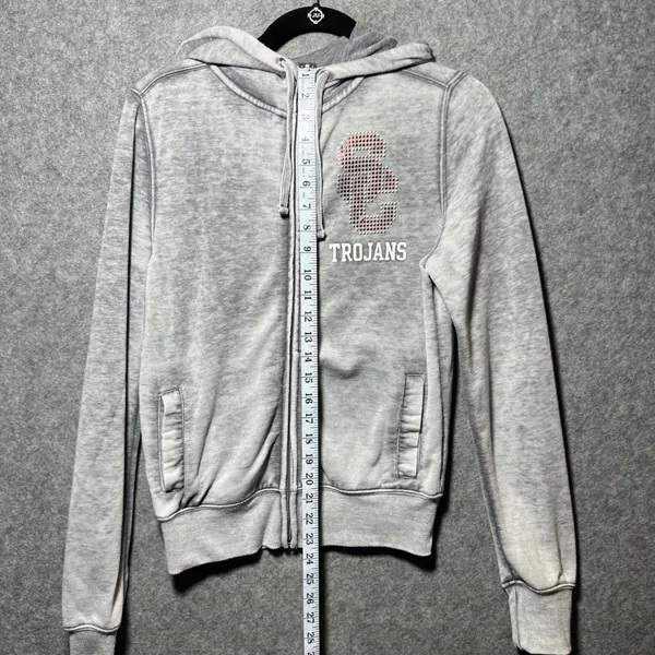 USC Her Style‎ Trojans Rhinestone Zip Up Hoodie Gray So Cal 80 Medium - Image 3
