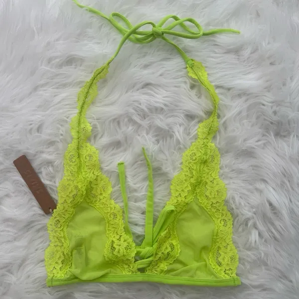 Skims Summer Mesh Lace Plunge Halter Bralette Green Highlighter Size XS - Image 2