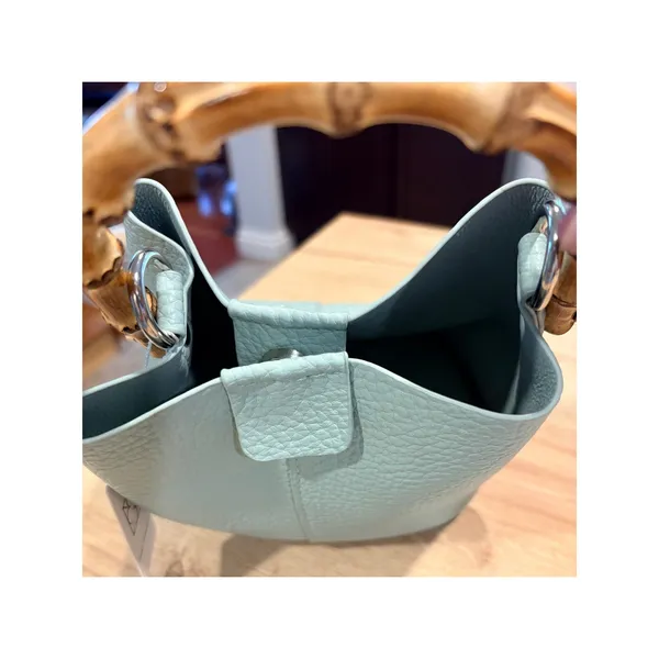 Pretty Persuasions Bamboo Handle Pebble Leather Bucket‎ Sage Green Crossbody NwT - Image 8