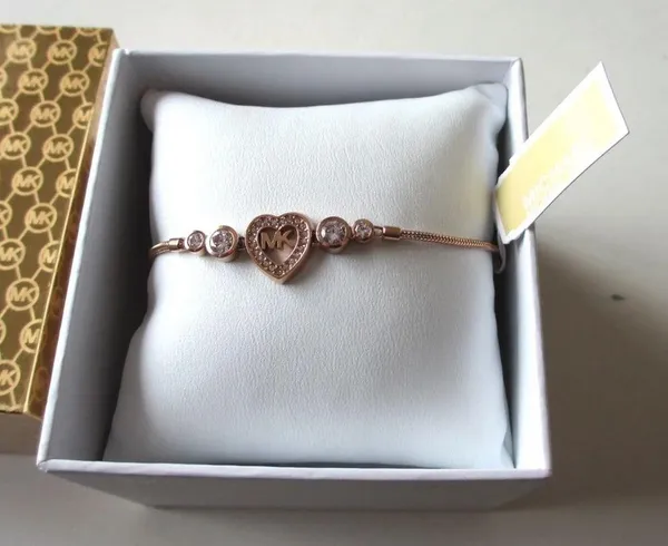 Michael Kors Pave Crystal MK Logo Heart Rose Gold Slider Adjustable Bracelet - Image 3