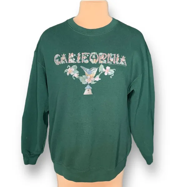 Vintage 90s California Hummingbird Floral Hunter‎ Green Crewneck Sweatshirt XL - Image 10