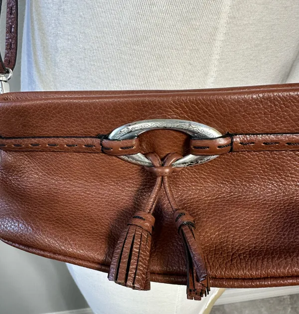 Brighton Leather Bag Shoulder Purse Tasseled Handbag Cross Pebbled Brown Vintage - Image 7