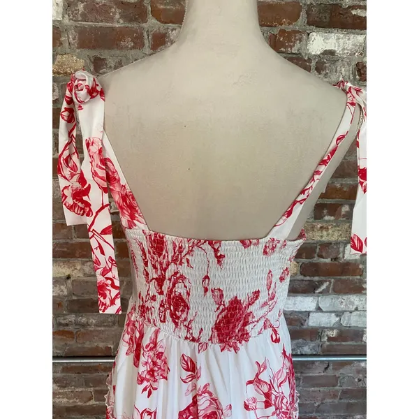 Red White Floral Toile Maxi Dress Tie Shoulder Low Back Tiered Hem Women Size L - Image 7
