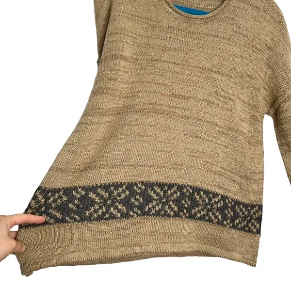 Hem & Thread Tan Knit Gray Fair Isle Stripe 3/4 Length Sleeve Sweater - Image 6