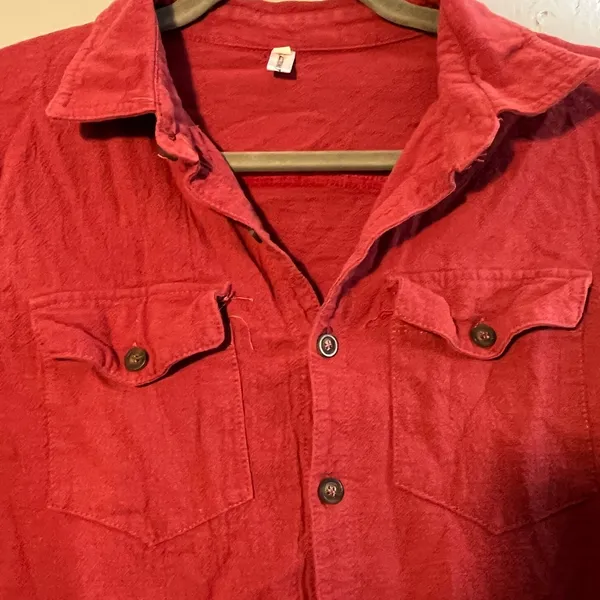 Over the Horizon Red Jean Jacket Button-Up Collared V Neck Pocketed SZ XL Top - Image 5