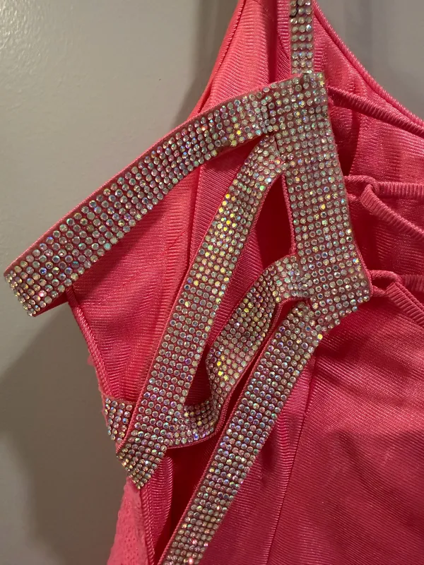 Alyce Paris Sequin Detail Corset Lace-Up Back Rhinestone Studded Straps Mini Dress Bright Pink - Image 6