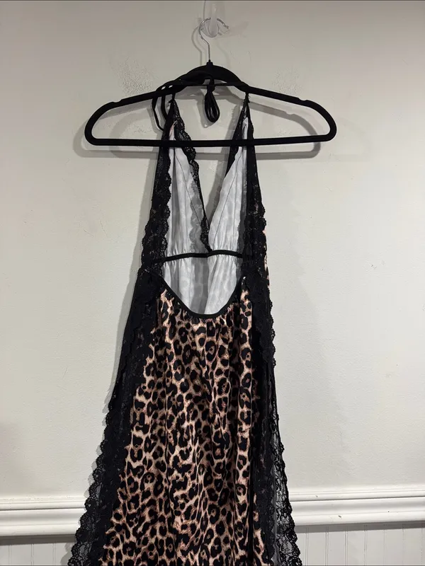 Leopard Print Lace Trim Halter Chemise Nightdress Black & Tan high side slits - Image 4