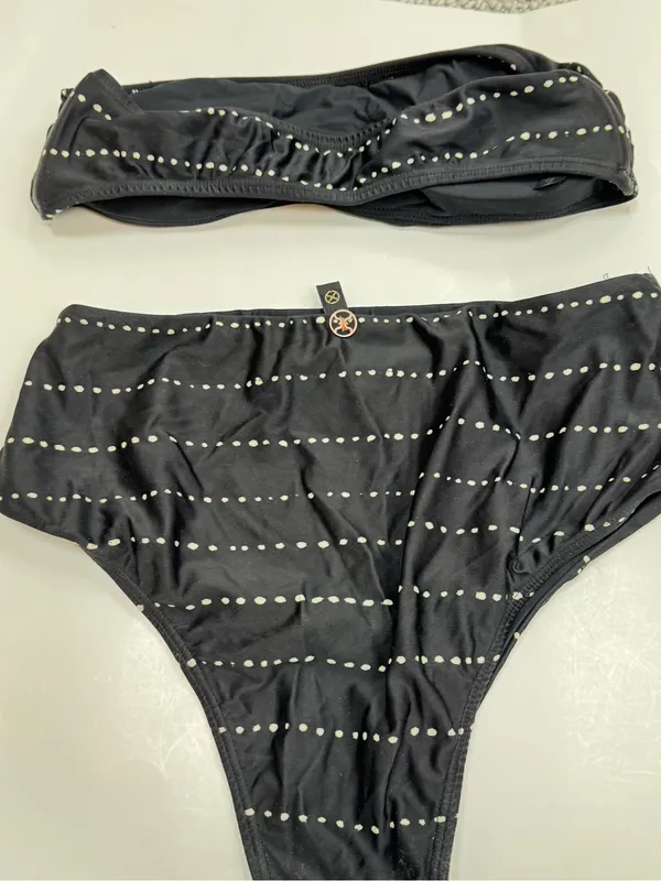 Black Bandeau Two-Piece Swimsuit with White Dot Stripes - Image 2
