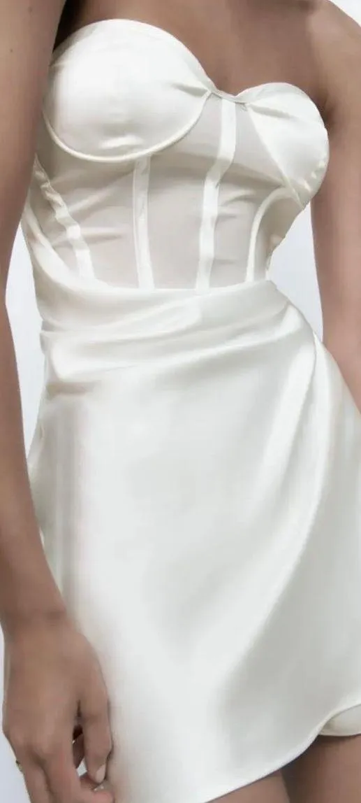 Zara dress white wedding corset bridal shower mini sleeveless satin lingerie effect - Image 3