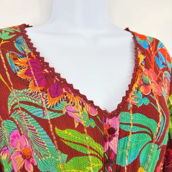 Me 2 Magic Floral Maxi Dress Sz M Metallic Boho Bell Sleeve Festival Euro Anthro - Image 4