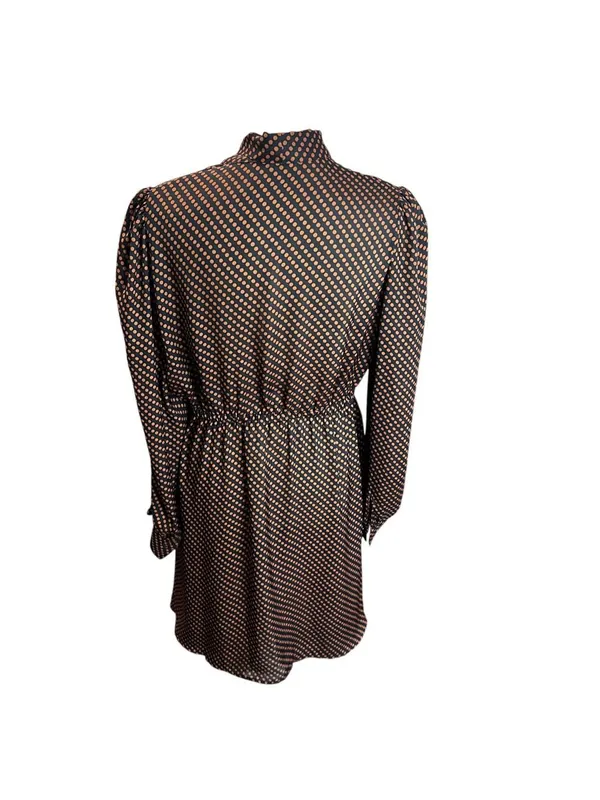 Tara Jarmon Brown Black Polka Dot Bow Tie Long Sleeve Fit Flare Mini Dress 6 - Image 4