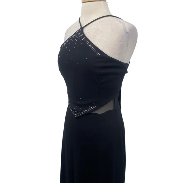 Vintage 90s Y2k Dave & Johnny Beaded Halter Neck Gown Sheer Tie Back Black 8 - Image 7