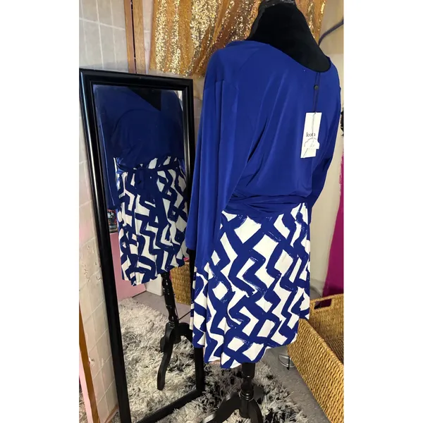 Leota‎ Faux Wrap Dress XXL Blue Zig Zag Navy Crepe V-Neck 3/4 Sleeve NWT 2515 - Image 5