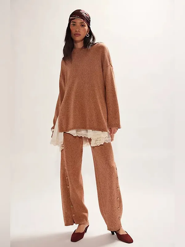 Free People Free-est Button Up Sweater Pants Wide Leg in Chutney Sand L - Image 10