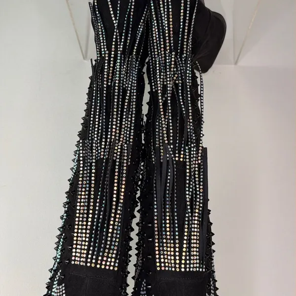 Nasty Gal Black Studded Diamante Suede Cowboy Fringe Boots - Image 7