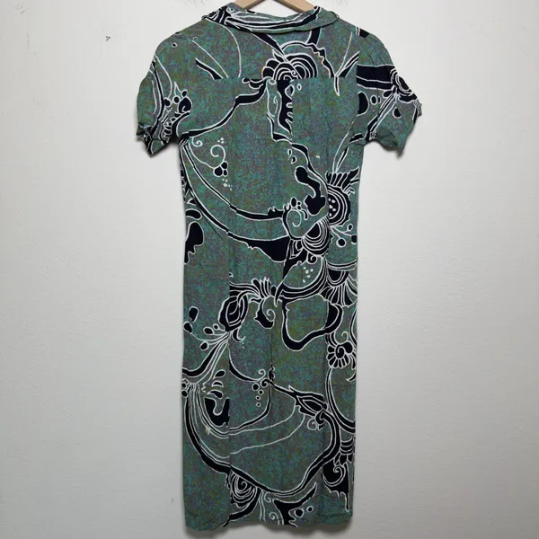 Women Shirt Midi Dress Medium Green Abstract Psychedelic Print Retro‎ Artsy - Image 4