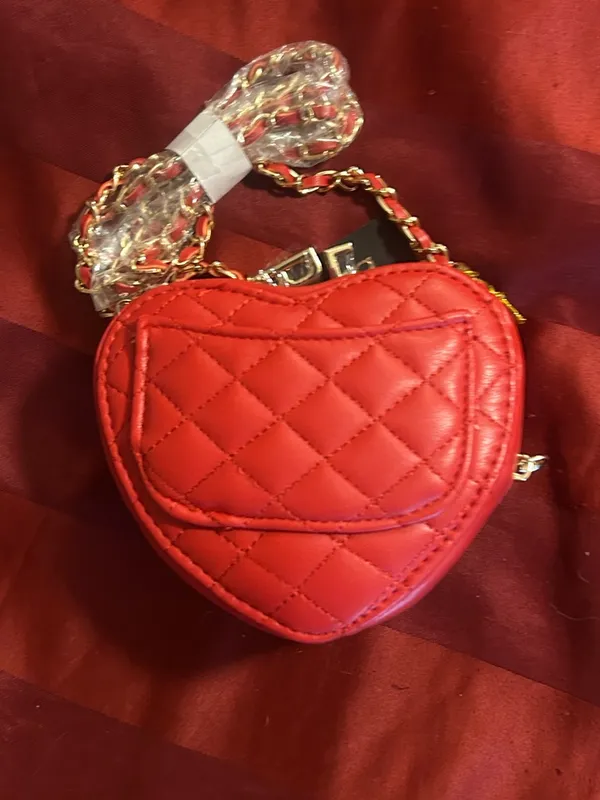 Bebe Red Quilted Heart Crossbody Bag with Gold Chain Charms - Image 4