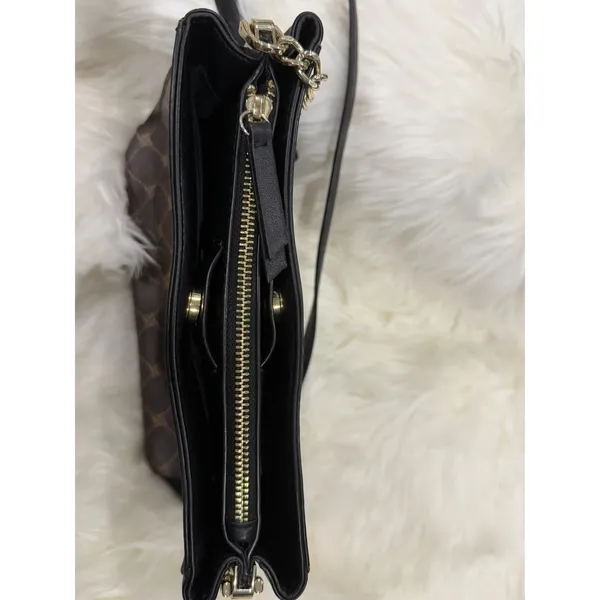 Nine West Brown Monogram Crossbody Shoulder Bag Purse Gold Chain Black Logo - Image 10
