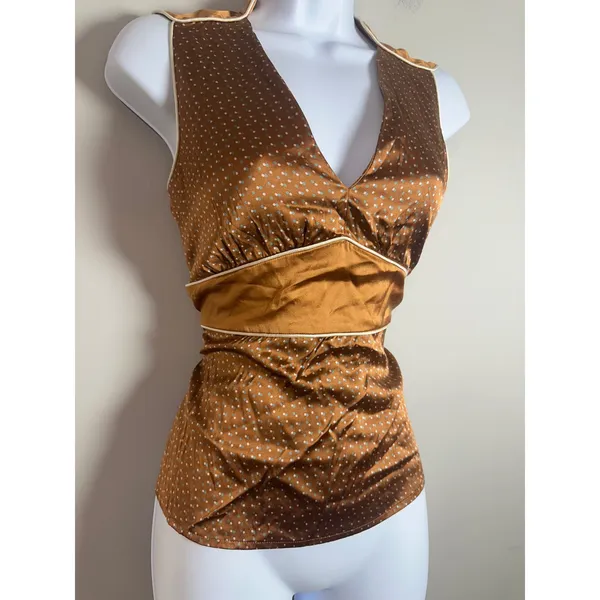 Original Penguin by Munsingwear Bronze Silk Polka Dot Sleeveless V-Neck Top 2 - Image 2