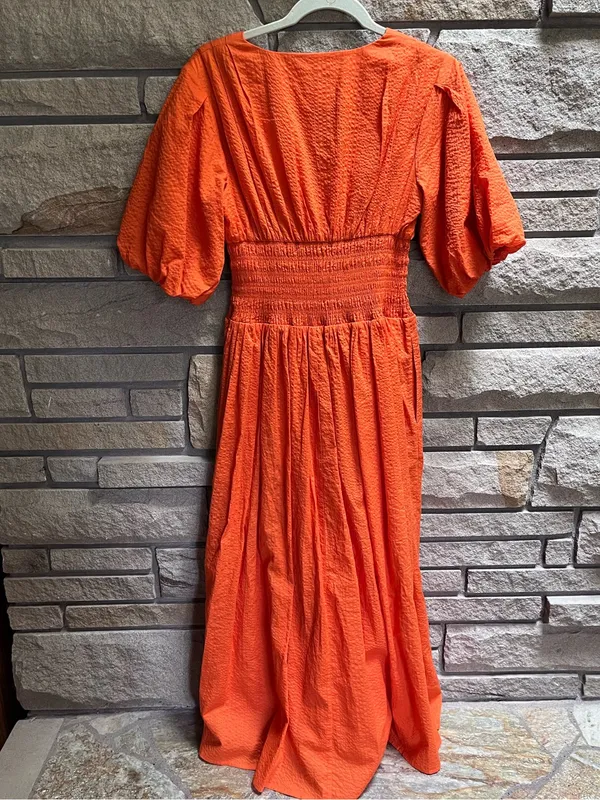 AYR Extra Extra Midi Dress Cara Orange Smocked Waist Tiered Cotton Size Small - Image 5