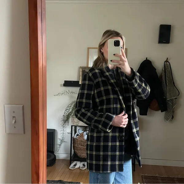 Derek Lam 10 Crosby Plaid Cocoon Coat Women's 4 Navy and Yellow Wool Blend Lined - Image 2