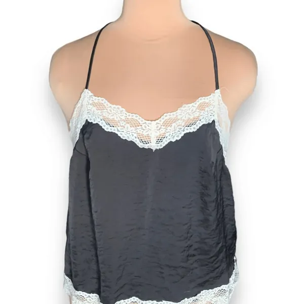 FT Black Satin Camisole Ivory Lace‎ Trim Adjustable Spaghetti Strap Large Top - Image 4