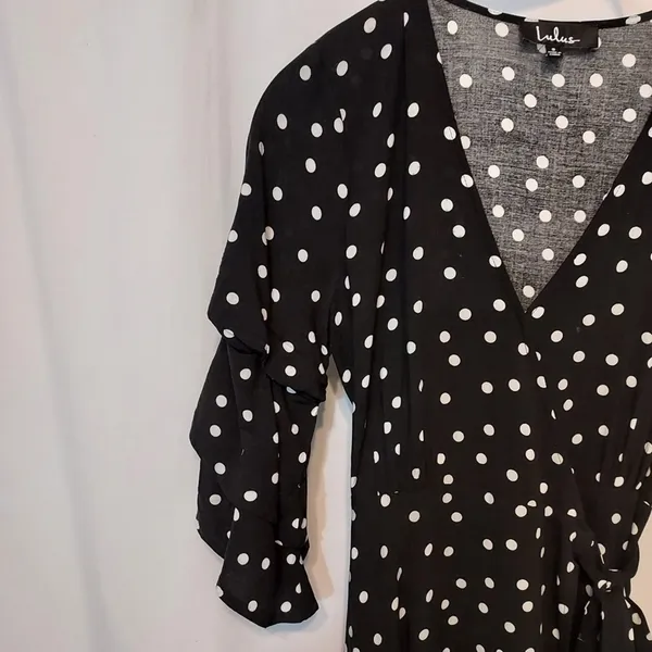 Lulu's Black White Polka Dot Tiered Ruffle 3/4 Sleeve Midi Tie Wrap Dress Small - Image 3