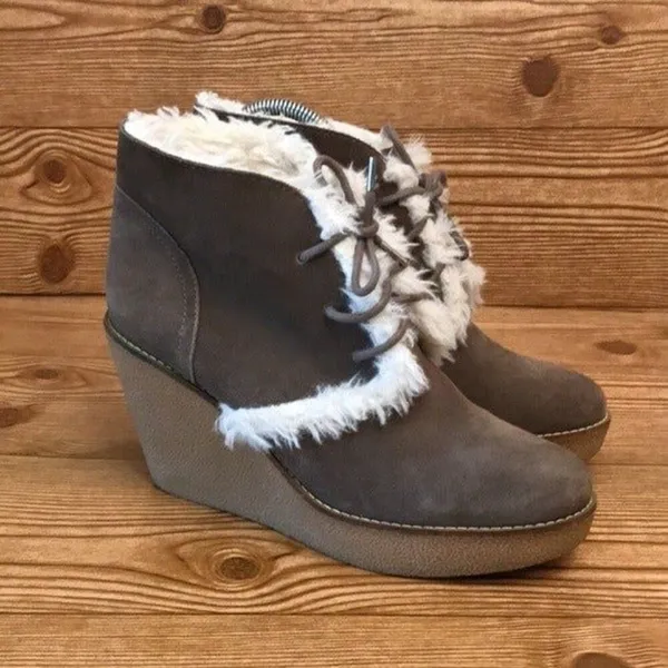 GAP NEW YORK “Gwen Shearling” Tree‎ Bark Suede Wedges Boots ladies size 9 - Image 5
