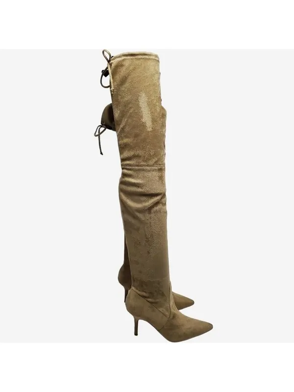 Suede Pointed Toe Over The Knees Thigh High Stretchy Heeled Boot - Image 2
